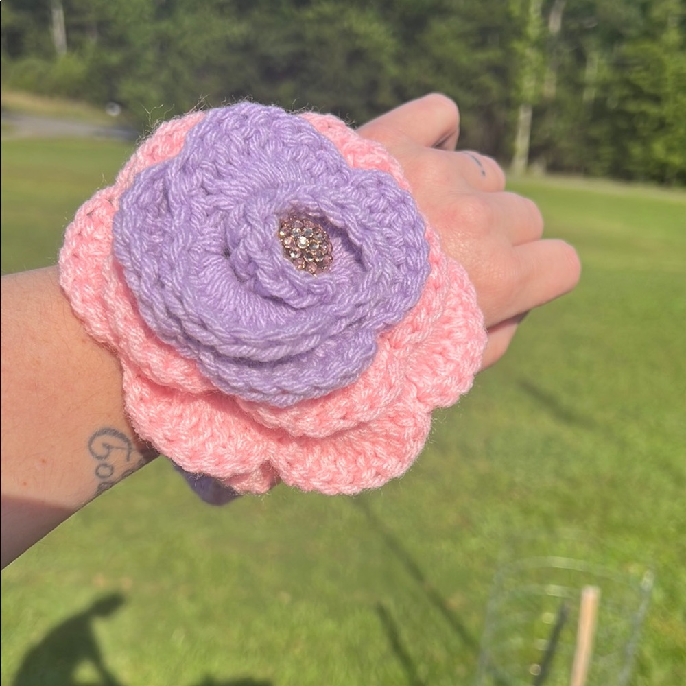 Handmade Rose Pink and Purple Crochet Keychain Bag Charm - Picture 4 of 6